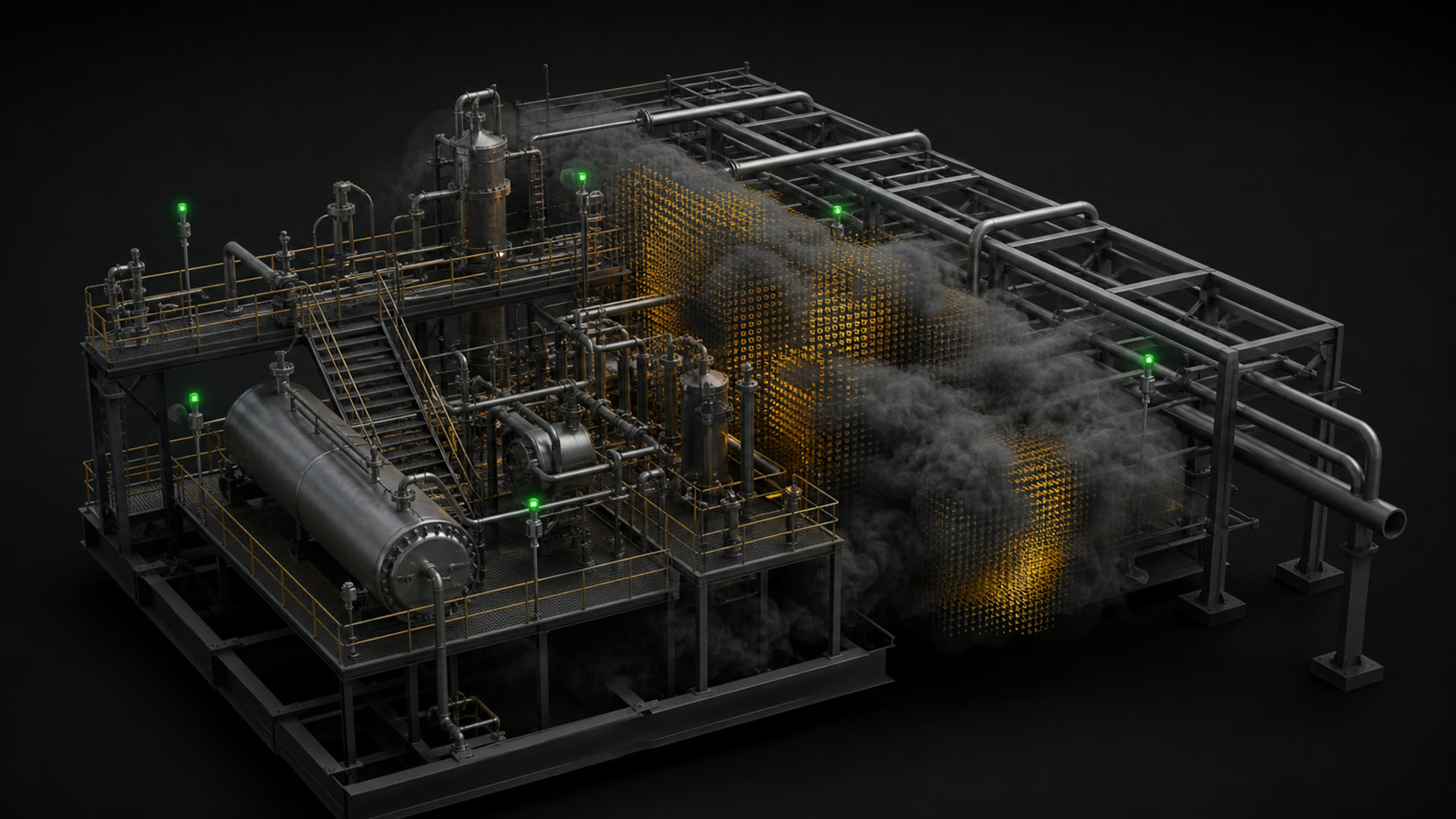 Conceptual process module showing a physics-resolved gas plume, detector field and coverage response.